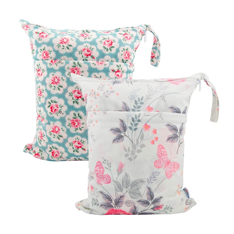 ALVABABY 2pcs Cloth Diaper Wet Dry Bags Waterproof Reusable with Two Zippered Pockets Travel Beach Pool Daycare Soiled Baby Items Yoga Gym Bag for Swimsuits or Wet Clothes L5166 - Image 1